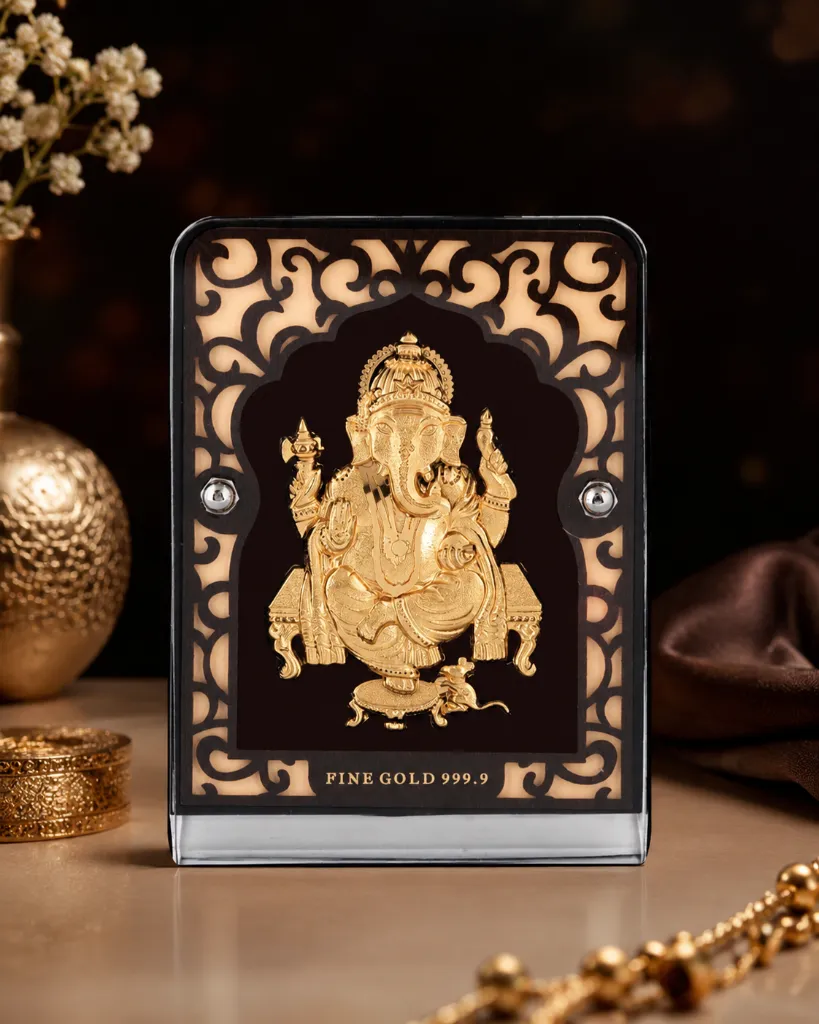 [AGGFGN001] 24K Gold Foil Ganesh Ji Table Top Frame Premium Gift & Decor