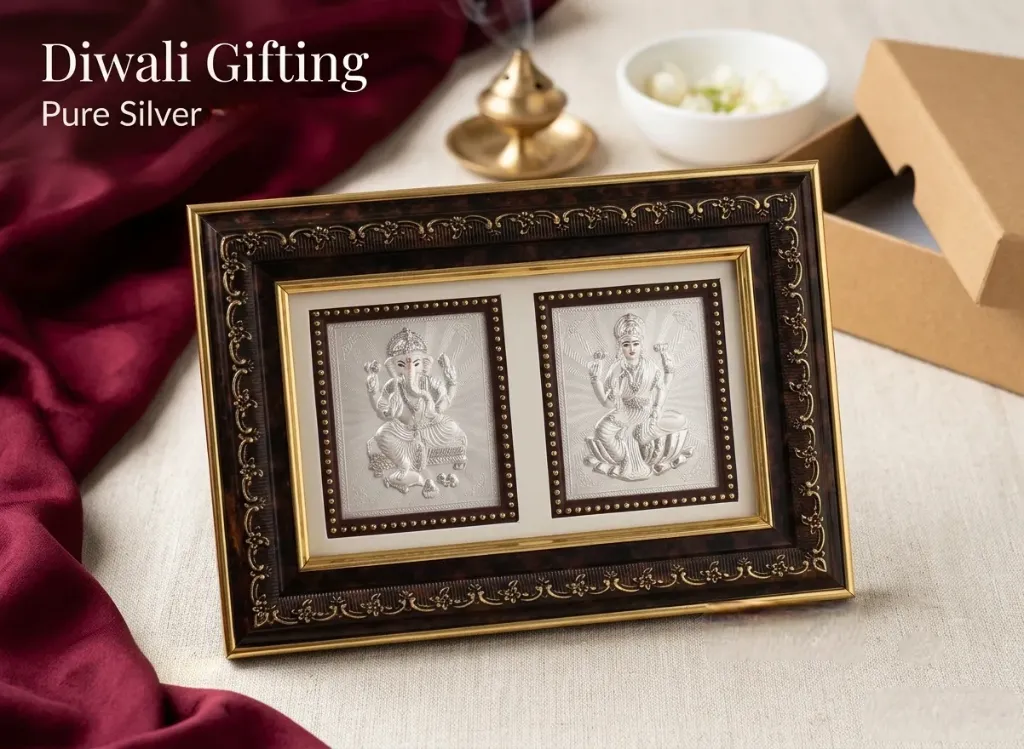 [AGLF001] Pure Silver Ganesh Lakshmi Double Frame with Premium Wooden Frame (1No 2+1 Frame)